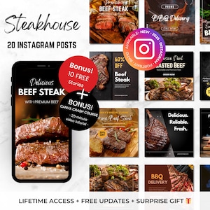 30 Instagram Post and Stories Canva Templates For Steakhouse Restaurant - Editable Restaurant Instagram - Steak Instagram - Food Instagram