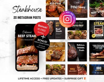 30 Instagram Post and Stories Canva Templates For Steakhouse Restaurant - Editable Restaurant Instagram - Steak Instagram - Food Instagram
