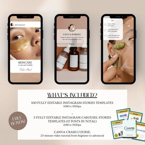 May include: A digital marketing product for Instagram featuring 100 fully editable Instagram story templates, 5 fully editable Instagram carousel story templates, and a Canva crash course. The product is advertised as a free bonus.