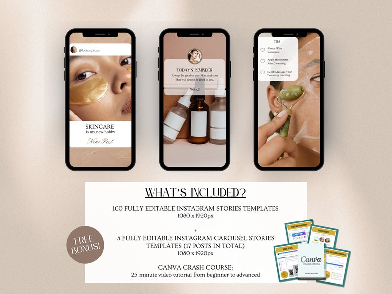 May include: A digital marketing product for Instagram featuring 100 fully editable Instagram story templates, 5 fully editable Instagram carousel story templates, and a Canva crash course. The product is advertised as a free bonus.