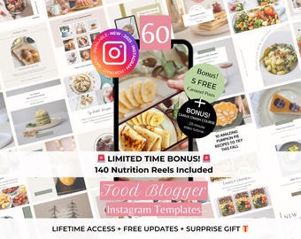 60 Food Blogger Instagram Canva Templates - Healthy Eating Recipe Branding - Dietician Instagram Template - Nutrition Social Media Marketing