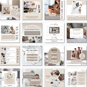 Op de afbeelding: Een collage van 16 Instagram-posttemplates in beige en bruine tinten. De berichten bevatten tekst over virtuele assistentdiensten, bedrijfsgroei en social media management. Sommige berichten bevatten afbeeldingen van mensen die aan laptops en telefoons werken.