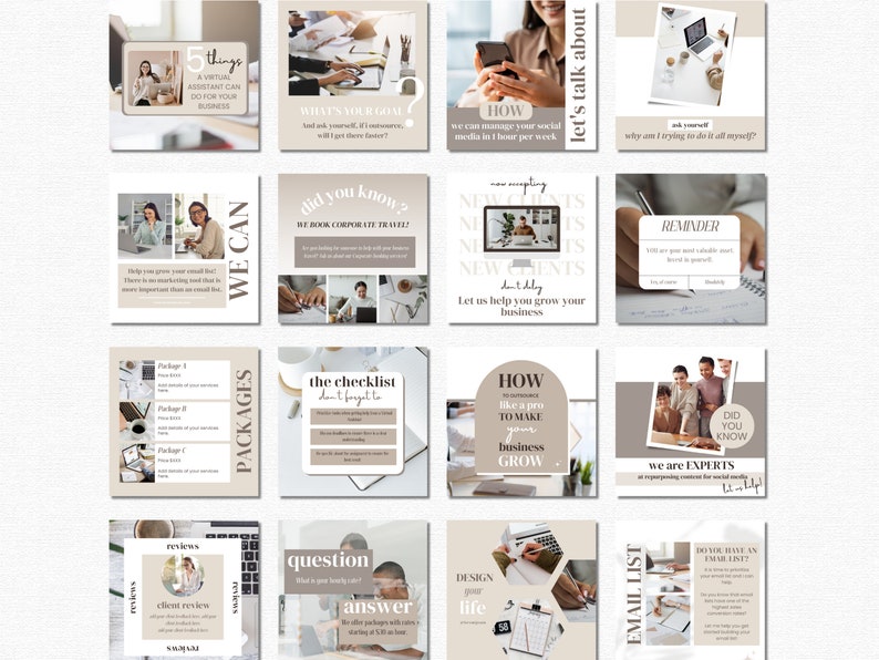 Op de afbeelding: Een collage van 16 Instagram-posttemplates in beige en bruine tinten. De berichten bevatten tekst over virtuele assistentdiensten, bedrijfsgroei en social media management. Sommige berichten bevatten afbeeldingen van mensen die aan laptops en telefoons werken.