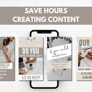 Op de afbeelding: Vier social media post-ontwerpen met tips voor kleine ondernemers. De eerste post heeft een beige achtergrond met de tekst "3 Gewoontes om je betrokkenheid op social media te verhogen" en een lijst met drie gewoontes: "Wees consistent", "Ga dagelijks in gesprek" en "Plan". De tweede post heeft een beige achtergrond met de tekst "Aan alle kleine ondernemers, heb je een e-maillijst? We helpen je graag!" en een foto van een laptop, een kopje koffie en een plant. De derde post heeft een beige achtergrond met de tekst "Als je zou kunnen uitbesteden... Wat zou dat ene ding in je bedrijf zijn?" en een foto van een laptop en een notitieboek. De vierde post heeft een beige achtergrond met de tekst "Onze #1 Social Media Secret is om altijd te plannen" en een foto van een hand die in een notitieboek op een laptop schrijft.