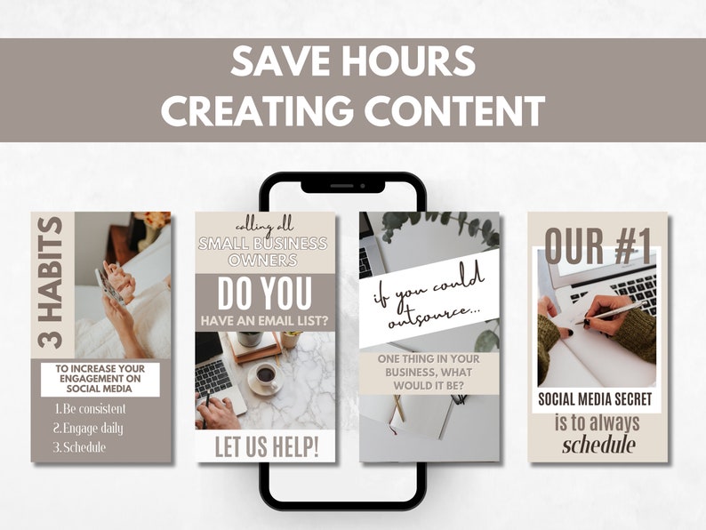 Op de afbeelding: Vier social media post-ontwerpen met tips voor kleine ondernemers. De eerste post heeft een beige achtergrond met de tekst "3 Gewoontes om je betrokkenheid op social media te verhogen" en een lijst met drie gewoontes: "Wees consistent", "Ga dagelijks in gesprek" en "Plan". De tweede post heeft een beige achtergrond met de tekst "Aan alle kleine ondernemers, heb je een e-maillijst? We helpen je graag!" en een foto van een laptop, een kopje koffie en een plant. De derde post heeft een beige achtergrond met de tekst "Als je zou kunnen uitbesteden... Wat zou dat ene ding in je bedrijf zijn?" en een foto van een laptop en een notitieboek. De vierde post heeft een beige achtergrond met de tekst "Onze #1 Social Media Secret is om altijd te plannen" en een foto van een hand die in een notitieboek op een laptop schrijft.