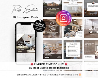 May include: A collage of images promoting real estate services. The images feature modern homes, open houses, and real estate agents. The text includes "Real Estate", "50 Instagram Posts", "Limited Time Bonus! 85 Real Estate Reels Included", "Lifetime Access + Free Updates + Surprise Gift", and "Just Sold".