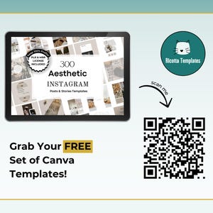 Puede incluir: Una tableta digital muestra "300 Plantillas Est&eacute;ticas de Instagram Posts & Stories". La imagen incluye un c&oacute;digo QR, un logotipo de "Ricotta Templates" y el texto "&iexcl;Obt&eacute;n tu conjunto GRATUITO de plantillas de Canva!"