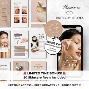 May include: A digital product bundle for skincare featuring 100+ Instagram stories, 5 free carousel stories, a Canva crash course, and 50 skincare reels. The image includes a phone screen displaying a story with the text "Best Skincare Routine".