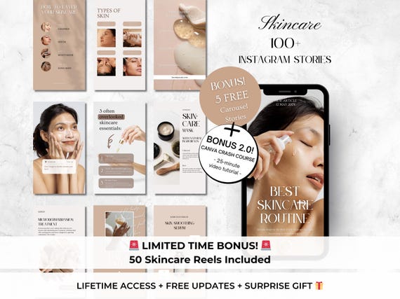 100+ Skincare Stories Instagram Templates - Luxury Skincare Canva Templates - Beauty Salon Templates - Esthetician Skincare Coaching