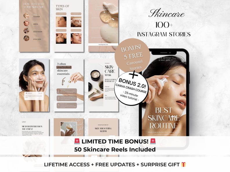 May include: A digital product bundle for skincare featuring 100+ Instagram stories, 5 free carousel stories, a Canva crash course, and 50 skincare reels. The image includes a phone screen displaying a story with the text "Best Skincare Routine".