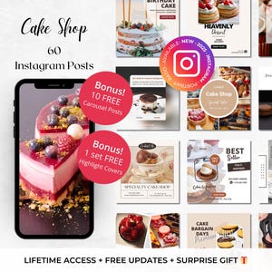60 Cake Shop Instagram Canva Templates - Cake Decorator Social Media - Bakery Instagram Kit - Cake Business Marketing - Café Instagram