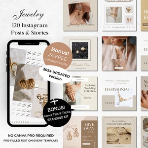 120 Jewelry Instagram Canva Templates - Jewellery Social Media Branding - Necklace Earring Bracelet Templates -Aesthetic Esthetician Fashion