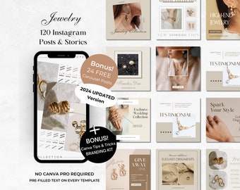 120 Jewelry Instagram Canva Templates - Jewellery Social Media Branding - Necklace Earring Bracelet Templates -Aesthetic Esthetician Fashion