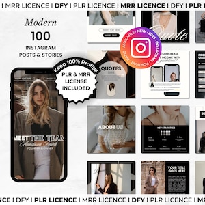 May include: A collage of 12 Instagram post templates with a modern aesthetic. The templates feature black and white backgrounds with text overlays and images of people. The text includes "Modern 100 Instagram Posts & Stories", "Keep 100% Profits! PLR & MRR License Included", "Quotes", "About Us", "Key Statistics", "Your Title Goes Here", and "Heading Here".