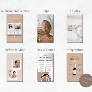 May include: A collage of images promoting skincare products. The images include product photos, before and after photos, tips, quotes, and infographics. The text in the images includes "New Products for your skin", "Green Up Your Skincare Game!", "Your Skin is 90% of Your Selfie", "My Daily Skincare Routine", "Skincare Benefits", and "+ a lot more!"