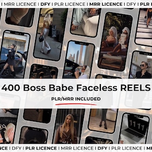 以下が含まれることがあります： 複数のスマートフォン画面に様々なライフスタイルシーンが表示されたプロモーション画像。「400 Boss Babe Faceless REELS」のテキストが大きく表示され、その下に「PLR/MRR INCLUDED」と表示されています。全体的なテーマは、ソーシャルメディアやデジタルマーケティングに関連するコンテンツを示唆しています。