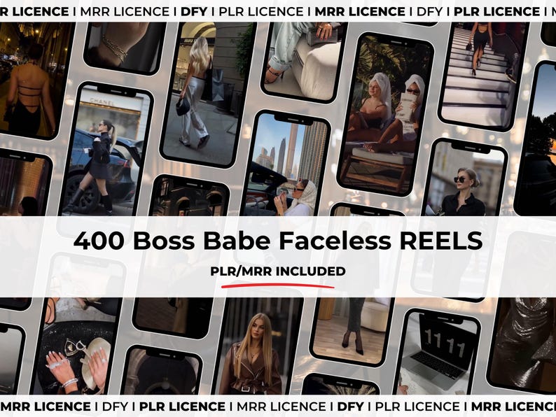 Puede incluir: Imagen promocional con m&uacute;ltiples pantallas de tel&eacute;fonos inteligentes que muestran varias escenas de estilo de vida. El texto "400 Boss Babe Faceless REELS" se muestra de forma destacada, con "PLR/MRR INCLUDED" debajo. El tema general sugiere contenido relacionado con las redes sociales o el marketing digital.