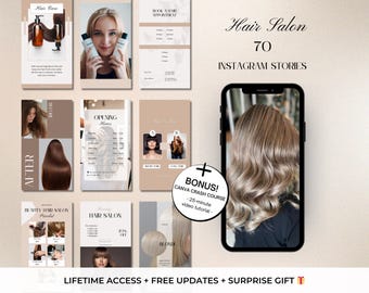 May include: A collection of 70 Instagram story templates for hair salons. The templates feature a variety of designs, including photos of hair, text, and graphics. The templates are designed to help hair salons promote their services and connect with their customers.