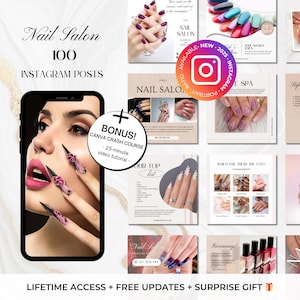 100 Nail Salon Posts - Nail Tech Instagram - Nail Art Canva Templates -Nail Technician Editable Templates Instagram-Pink Nail Salon Branding