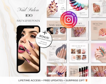 100 Nail Salon Posts - Nail Tech Instagram - Nail Art Canva Templates -Nail Technician Editable Templates Instagram-Pink Nail Salon Branding