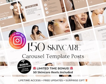 May include: A collage of 150 skincare carousel template posts with a bonus of 50 skincare reels. The text "AVAILABLE - NEW - 2025" is in a circle with an Instagram logo. The text "150 SKINCARE Carousel Template Posts" is in large, bold, black font. The text "LIMITED TIME BONUS! 50 Skincare Reels Included" is in red with a white star on each side. The text "LIFETIME ACCESS + FREE UPDATES + SURPRISE GIFT" is in black with a small gift icon.