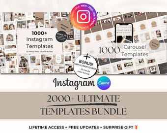 May include: A promotional image for Instagram templates. The image features two sections: one with 1000+ Instagram templates and the other with 1000 carousel templates. The text includes "2000+ Ultimate Templates Bundle" and "Canva". A bonus Canva crash course is also advertised.