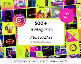 500+ Colorful, Retro, Funky Instagram Templates - Funky Neon 1st Edition Editable Canva Templates - Bright Instagram Feed, Colorful Branding