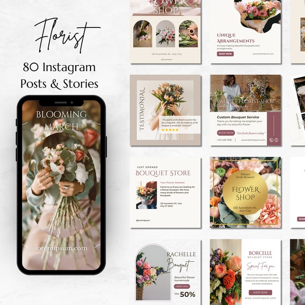 80 Florist, Flower Shop Instagram Canva Templates - Florist Social Media - Editable Floral Care Marketing - Flower Bouquet - Wedding Florist