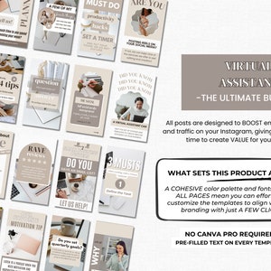 Op de afbeelding: Een set van 18 Instagram-posttemplates voor virtuele assistenten. De templates hebben een neutrale kleurenpalet van beige, bruin en wit met tekstoverlays. De tekst bevat zinnen als "top 4 tips", "laten we het hebben over tijd", "rave reviews", "heb je een e-maillijst?", "3 musts", "nu twee nieuwe klanten accepteren", "een favoriete motivatietip", "stel je driemaandelijkse doelen?", en "waarom".