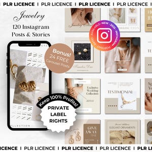 May include: A collage of images promoting a set of 120 Instagram posts and stories for jewellery businesses. The images feature various jewellery pieces, including rings, necklaces, earrings, and bracelets. The text "Jewelry" and "120 Instagram Posts & Stories" is displayed in a large font at the top of the collage. The text "Bonus! 24 FREE Carousel Posts" is displayed in a circle at the top right of the collage. The text "Keep 100% Profits! Private Label Rights" is displayed in a circle at the bottom right of the collage.