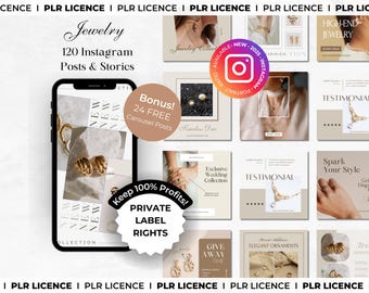 Pode incluir: Uma colagem de imagens que promovem um conjunto de 120 posts e stories do Instagram para empresas de joias. As imagens apresentam várias peças de joias, incluindo anéis, colares, brincos e pulseiras. O texto "Jewelry" e "120 Instagram Posts & Stories" é exibido em uma fonte grande no topo da colagem. O texto "Bonus! 24 FREE Carousel Posts" é exibido em um círculo no canto superior direito da colagem. O texto "Keep 100% Profits! Private Label Rights" é exibido em um círculo no canto inferior direito da colagem.
