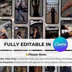 Puede incluir: Una plantilla de producto digital que presenta una cuadr&iacute;cula de pantallas de tel&eacute;fonos inteligentes que muestran im&aacute;genes de estilo de vida. Se muestra el texto "FULLY EDITABLE IN Canva", junto con una nota sobre videoclips y los requisitos de Canva Pro. El tema general es la moda y el estilo de vida.
