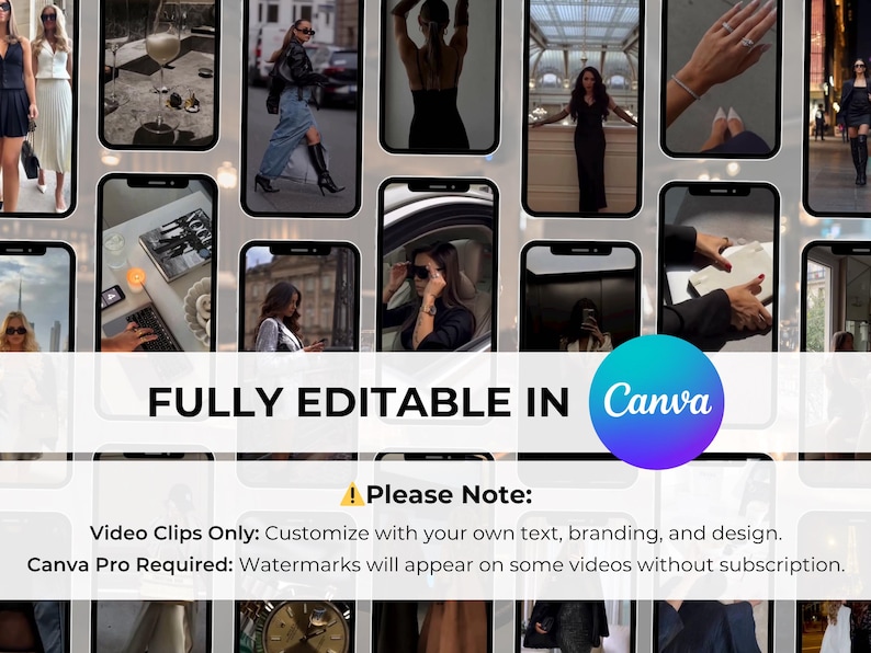 Puede incluir: Una plantilla de producto digital que presenta una cuadr&iacute;cula de pantallas de tel&eacute;fonos inteligentes que muestran im&aacute;genes de estilo de vida. Se muestra el texto "FULLY EDITABLE IN Canva", junto con una nota sobre videoclips y los requisitos de Canva Pro. El tema general es la moda y el estilo de vida.