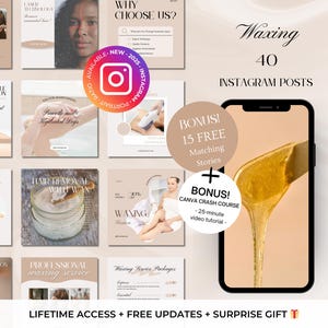 May include: A digital marketing kit for waxing businesses. The kit includes 40 Instagram posts and 15 matching stories. The kit also includes a Canva crash course with a 25-minute video tutorial. The kit is available for a lifetime access with free updates and a surprise gift.