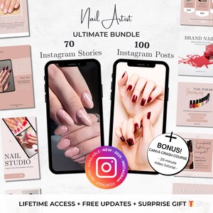 May include: A digital marketing bundle for nail artists featuring 70 Instagram stories and 100 Instagram posts. The bundle includes a Canva crash course video tutorial. The text "Nail Artist Ultimate Bundle" is displayed in the image.