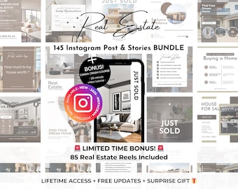 May include: A collage of images promoting a real estate Instagram post and stories bundle. The bundle includes 145 posts and stories, a Canva crash course, and 85 real estate reels. The images feature homes, apartments, and other real estate properties.