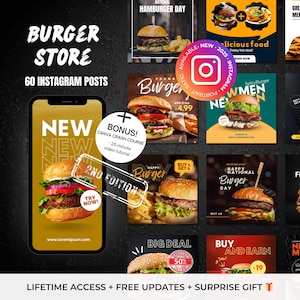 60 Burger Store Restaurant Instagram Canva Templates - Editable Restaurant Instagram - Burger Instagram - Fast Food Social Media Templates