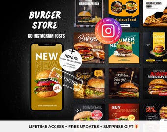 60 Burger Store Restaurant Instagram Canva Templates - Editable Restaurant Instagram - Burger Instagram - Fast Food Social Media Templates