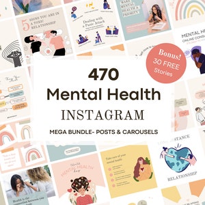 470 Mental Health Instagram Canva Templates -Psychotherapy -Wellness and Self Care Social Media Templates - Coaching Templates -Therapist IG