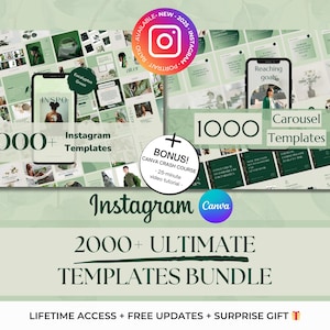 BUNDLE de 2000+ modèles Instagram portraits verts - Modèles modifiables sur toile verte - Carrousels Instagram épurés et minimalistes, histoires, faits saillants