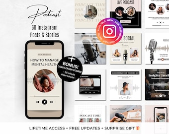 60 podcast-berichten en -verhalen Canva-sjablonen voor Instagram - berichtsjabloon voor podcasts - Instagram-sjablonen Maker van Canva-bewerkbare content