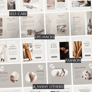 May include: A collage of images with text overlays, featuring lifestyle and fashion tips. The images include a woman meditating, a woman wearing a white jumpsuit, a woman wearing a trench coat, a woman wearing a black blazer, a woman wearing a sweat shirt, a woman wearing a turtleneck, a woman reading a book, a woman painting, a woman planning, a woman drinking water, and a woman eating fruit. The text overlays include "Self-Care", "Meditation", "Lifestyle", "Mindset", "Anxiety", "Life-Hacks", "White Jumpsuit", "Trench Coat", "Black Blazer", "Sweat-Shirt", "Turtle-Neck", "Reading", "Painting", "Planning", "Drink Water", "Eat Fruit", and "& Many Others!"