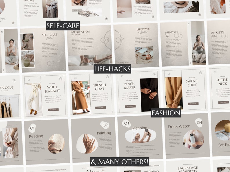 May include: A collage of images with text overlays, featuring lifestyle and fashion tips. The images include a woman meditating, a woman wearing a white jumpsuit, a woman wearing a trench coat, a woman wearing a black blazer, a woman wearing a sweat shirt, a woman wearing a turtleneck, a woman reading a book, a woman painting, a woman planning, a woman drinking water, and a woman eating fruit. The text overlays include "Self-Care", "Meditation", "Lifestyle", "Mindset", "Anxiety", "Life-Hacks", "White Jumpsuit", "Trench Coat", "Black Blazer", "Sweat-Shirt", "Turtle-Neck", "Reading", "Painting", "Planning", "Drink Water", "Eat Fruit", and "& Many Others!"