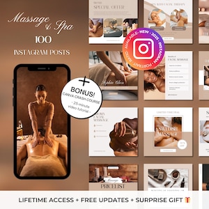 100 publicaciones de Instagram sobre masajes y spa - Plantillas para masajistas - Plantillas Canva para spa - Publicaciones de Instagram sobre terapeutas - Publicaciones sobre terapias de masajes