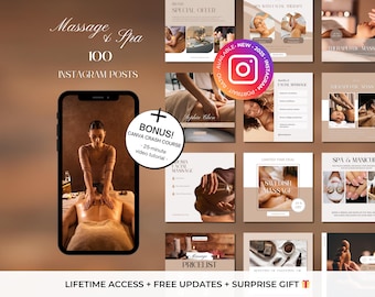 May include: A digital product advertisement for massage and spa services. The image features a mock-up of an iPhone displaying a massage session, surrounded by various promotional posts. Text includes "Massage & Spa," "100 Instagram Posts," and a bonus Canva crash course.