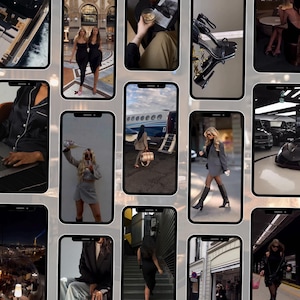 Puede incluir: Un collage de pantallas de tel&eacute;fonos inteligentes que muestran varias im&aacute;genes de estilo de vida. Las im&aacute;genes incluyen moda, viajes y art&iacute;culos de lujo, como tacones altos, un jet privado y la Torre Eiffel. El tema general es el viaje y la moda.