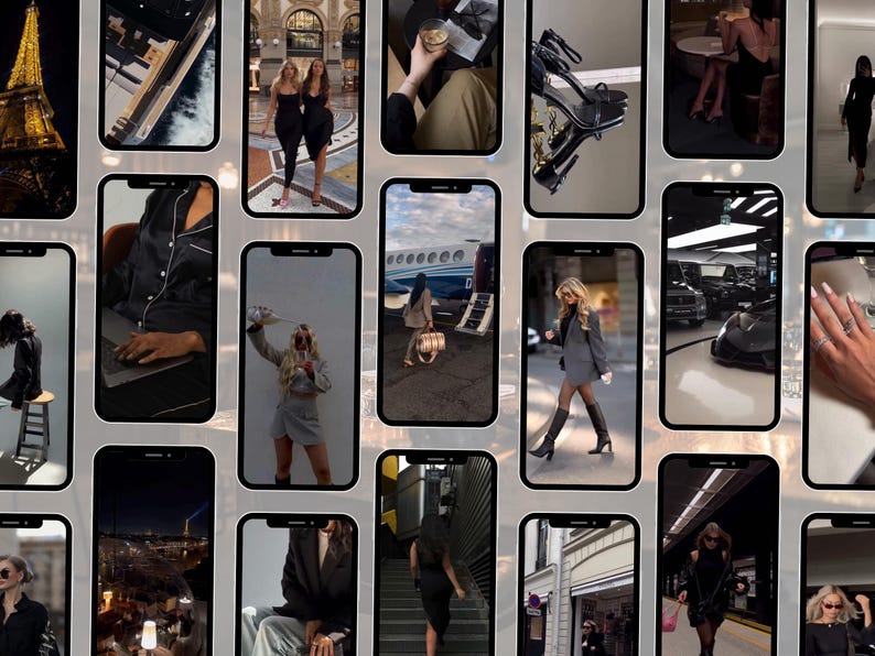Puede incluir: Un collage de pantallas de tel&eacute;fonos inteligentes que muestran varias im&aacute;genes de estilo de vida. Las im&aacute;genes incluyen moda, viajes y art&iacute;culos de lujo, como tacones altos, un jet privado y la Torre Eiffel. El tema general es el viaje y la moda.