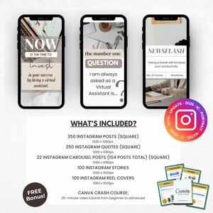Op de afbeelding: Een pakket met digitale marketingmiddelen voor virtuele assistenten. Het pakket bevat 350 Instagram-berichten, 250 Instagram-citaten, 22 Instagram-carrouselberichten, 100 Instagram-verhalen, 100 Instagram-reel-covers en een Canva-crashcursus. De tekst op de afbeelding luidt "NOW IS THE TIME TO INVEST in your success by hiring a virtual assistant." en "the number one QUESTION I am always asked as a Virtual Assistant is....?"
