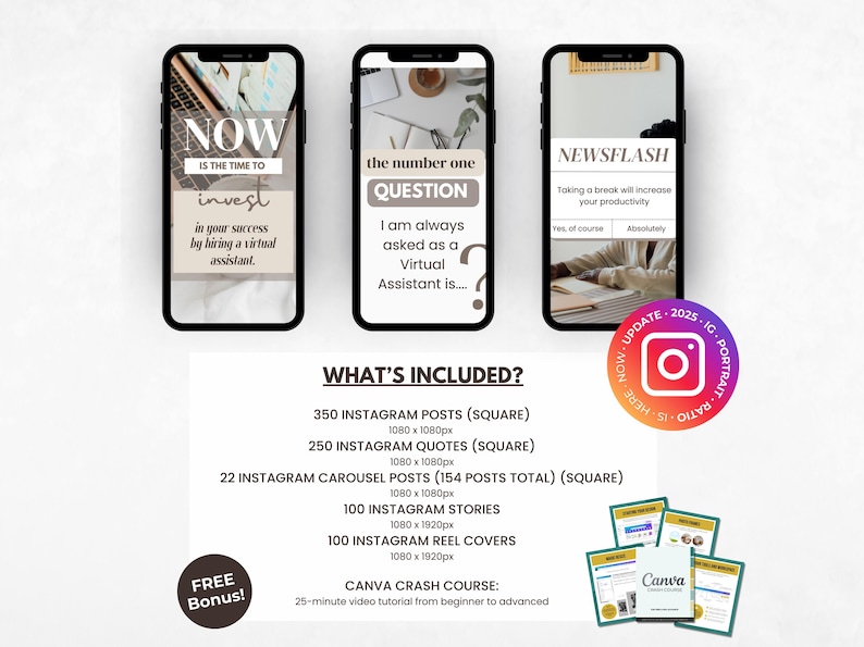 Op de afbeelding: Een pakket met digitale marketingmiddelen voor virtuele assistenten. Het pakket bevat 350 Instagram-berichten, 250 Instagram-citaten, 22 Instagram-carrouselberichten, 100 Instagram-verhalen, 100 Instagram-reel-covers en een Canva-crashcursus. De tekst op de afbeelding luidt "NOW IS THE TIME TO INVEST in your success by hiring a virtual assistant." en "the number one QUESTION I am always asked as a Virtual Assistant is....?"