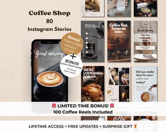 Op de afbeelding: Een digitaal marketingproduct voor koffiezaakjes. De afbeelding toont een verzameling van 80 Instagram-story-sjablonen, 2 sets gratis highlight-covers, een Canva-crashcursus en 100 koffie-reels. De tekst op de afbeelding luidt: "Coffee Shop 80 Instagram Stories Bonus! 2 sets GRATIS HIGHLIGHT-COVERS + BONUS! CANVA-CRASH-CURSUSS - 25 minuten durende video-tutorial - WE'RE LOOKING FOR Coffee first. Schemes later. Grand Opening Your New Local Coffee Haven Did you make time for your coffee ritual today? BEPERKTE TIJD BONUS! 100 koffie-reels inbegrepen LEVENSLANGE TOEGANG + GRATIS UPDATES + VERASSINGSGIFT"
